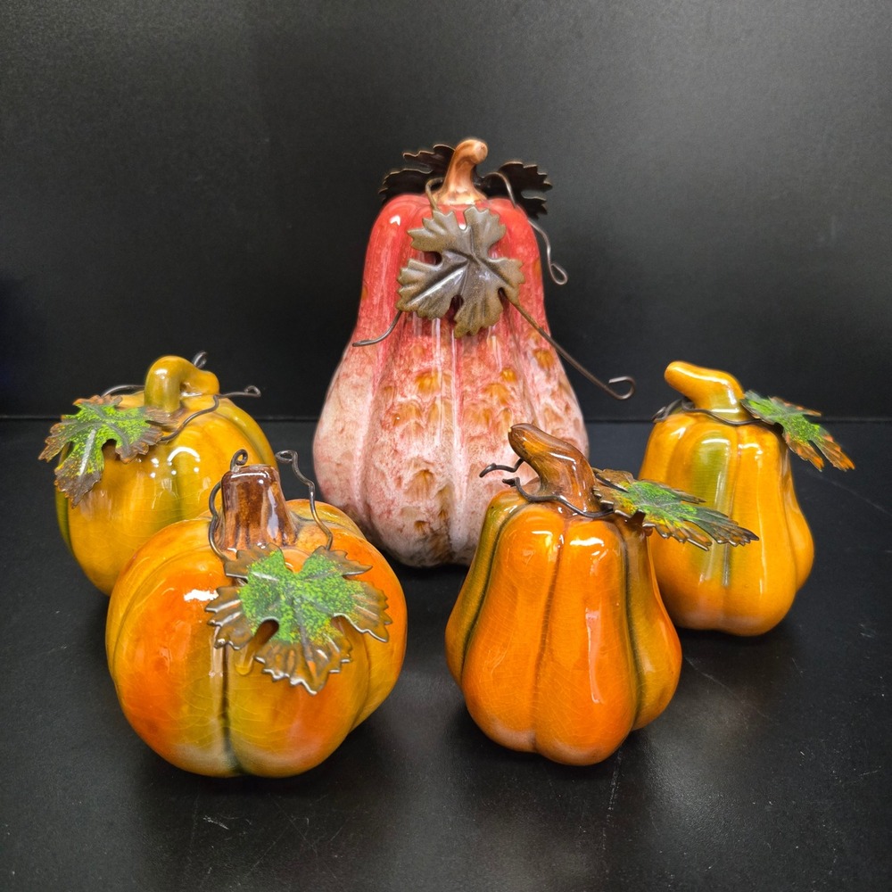 Ceramic Pumpkin Figurines Set 5 Orange Red Fall Tabletop Decor Decoration